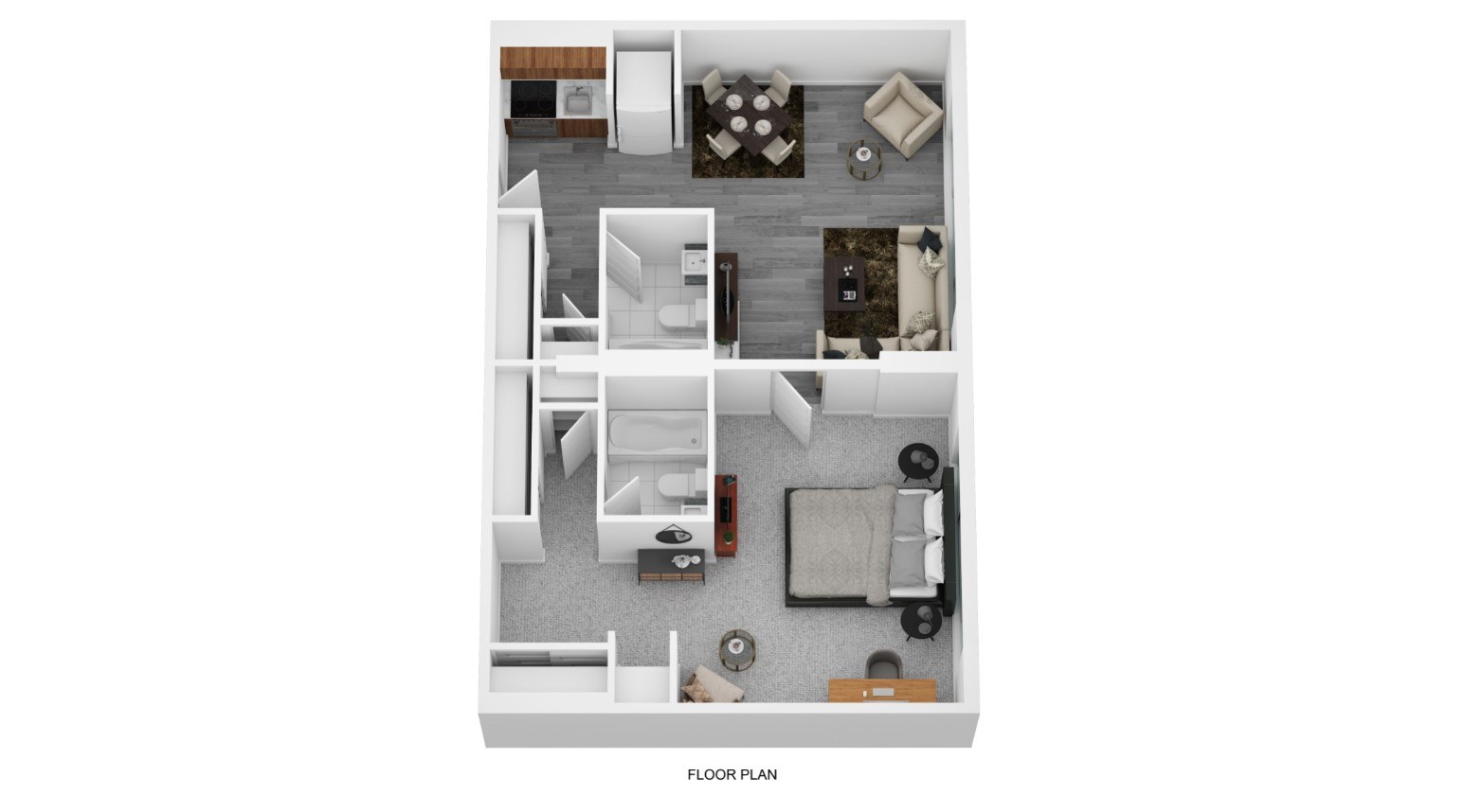 Floor plan for 1 bed, 2 baths, 760 sqft